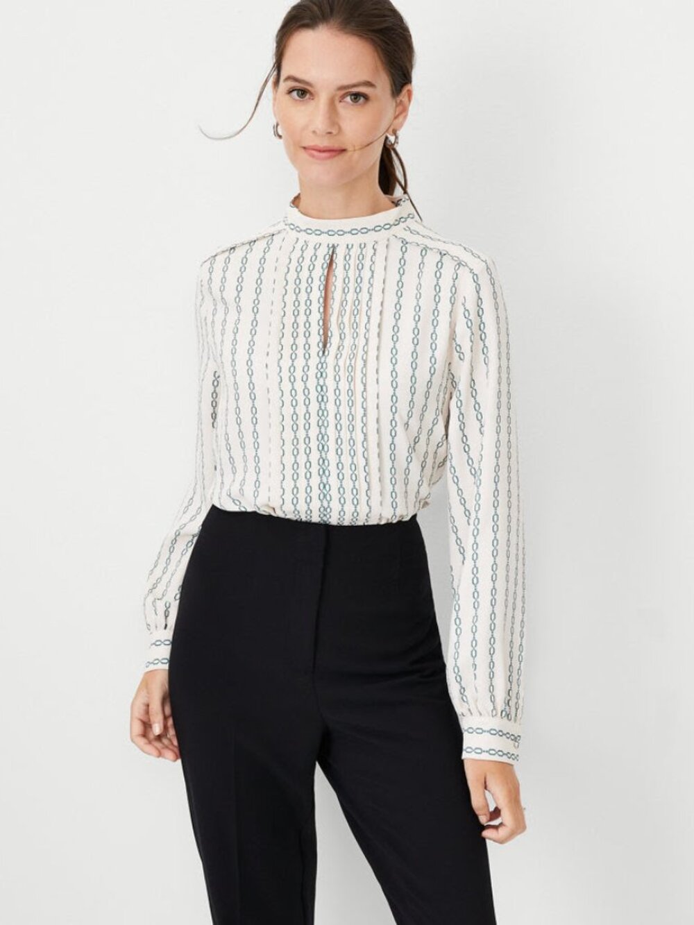 Ann Taylor Cream Blouse with Navy Chain-Stripe